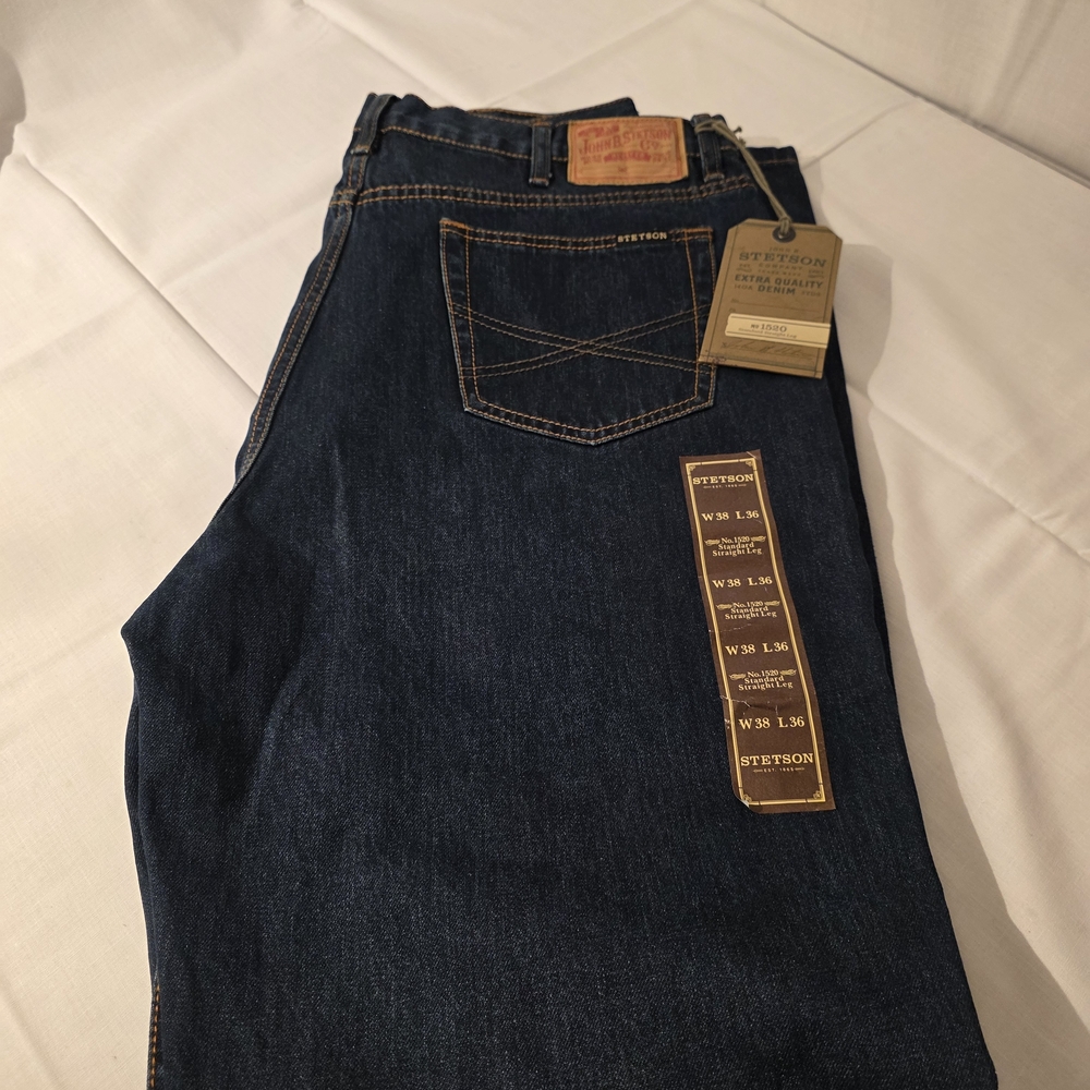 New Stetson Dark Wash Blue Jeans, Straight Leg, Relaxed Thigh, 1520, 38x36